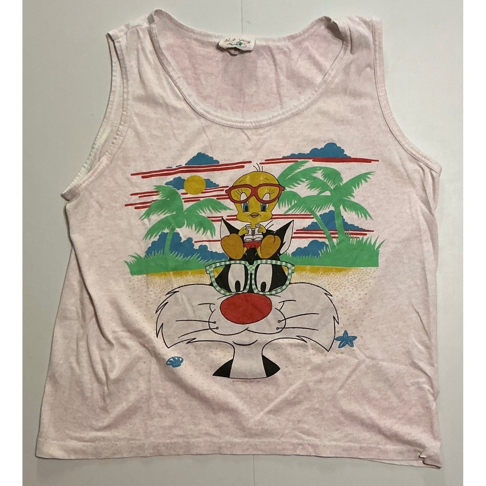 VTG USA Made Single Stitch B.J. Frog Tweety Sylvester Beach Tank Top Pink M